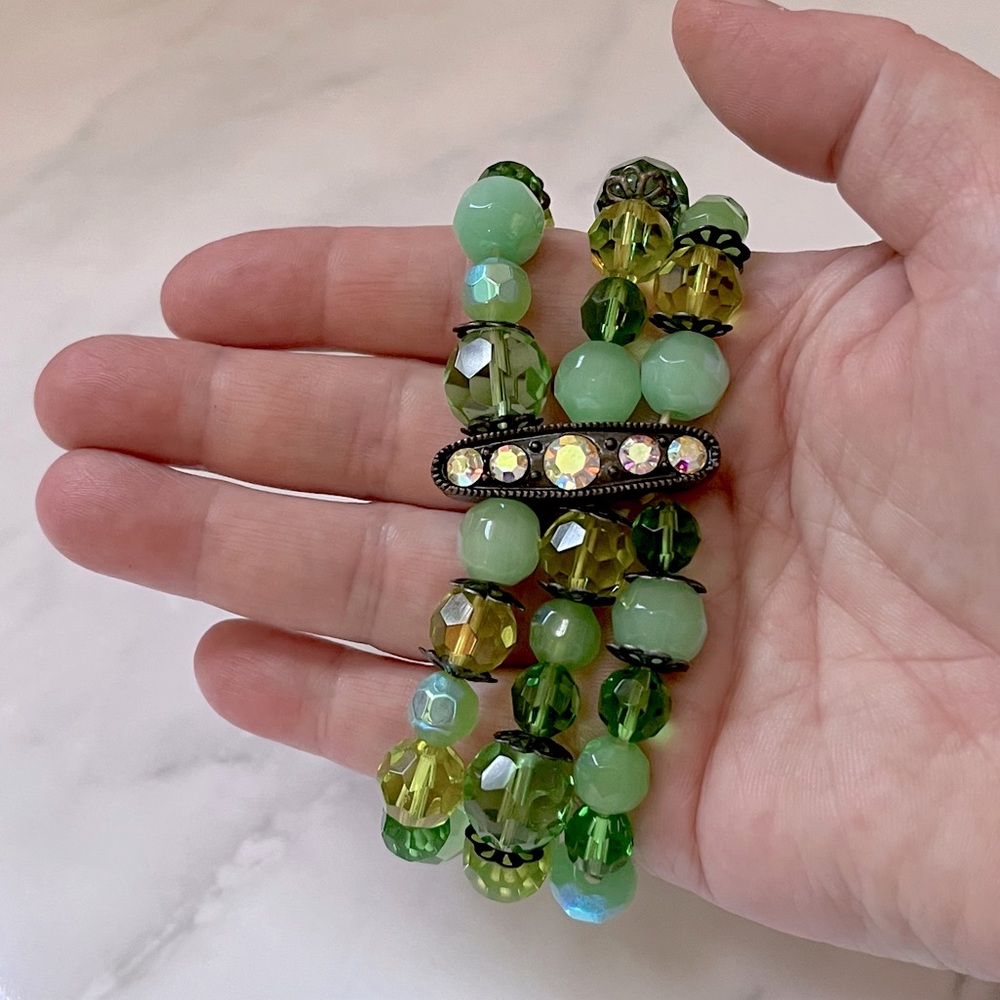 🌸3/$25 Vintage Triple Strand Green Beaded Rhinestone Stretch Bracelet Faceted - Picture 11 of 16